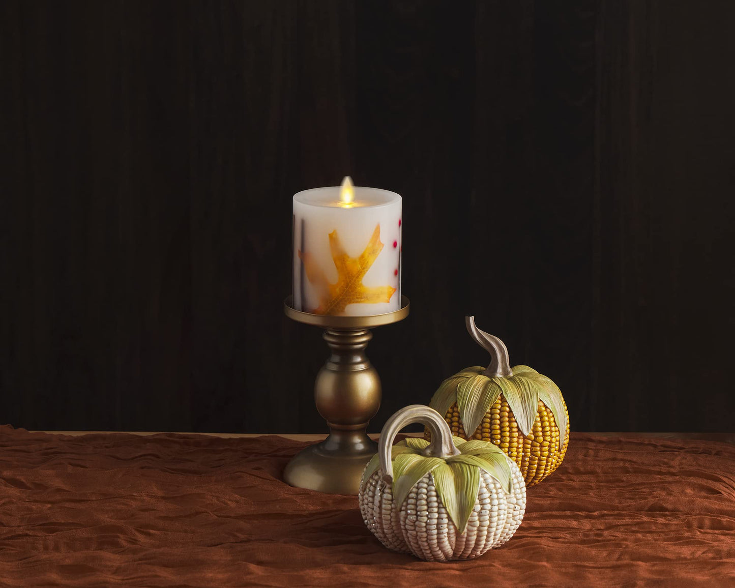 Luminara Embedded Flameless LED Candle - Orange Leaf 3.5" x 4.5" - Moving Flame Pillar, Battery Operated Timer, Real Wax, Unscented, Safe