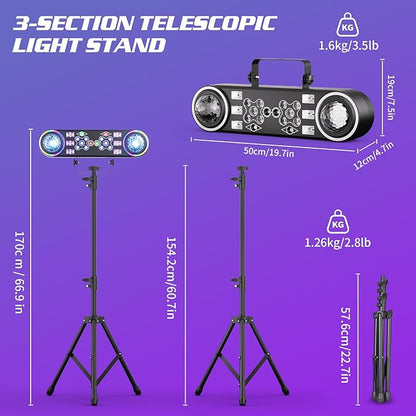 80W Dj Lights with Stand,7 in 1 Party Light Dj Disco Lights Sound Activated DMX Wireless Control with Rotating Ball,Strobe,UV,Colorful Effect for Stage KTV Band Wedding with Carry Bag (Black, 8)