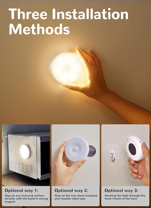 Homelist 3 Pack Motion Sensor Lights Indoor, Rechargeable Wireless LED Puck Lights, Battery Operated Motion Sensor Night Light for Closet, Stairs, Kitchen, Cabinet, Toilet