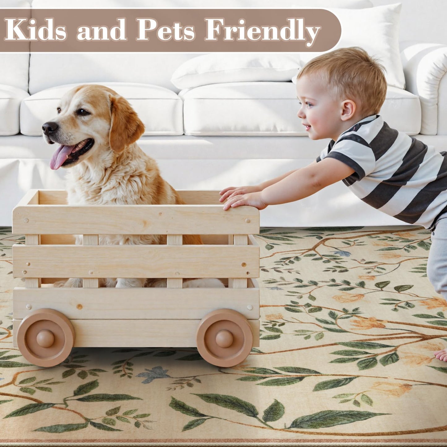 Collive Washable Area Rugs for Living Room, Beige 5x7 Bedroom Rug, Floral Forest Botanical Flourishing Vines Soft Non-Slip Stain Resistant Boho Carpet for Dining Room Office