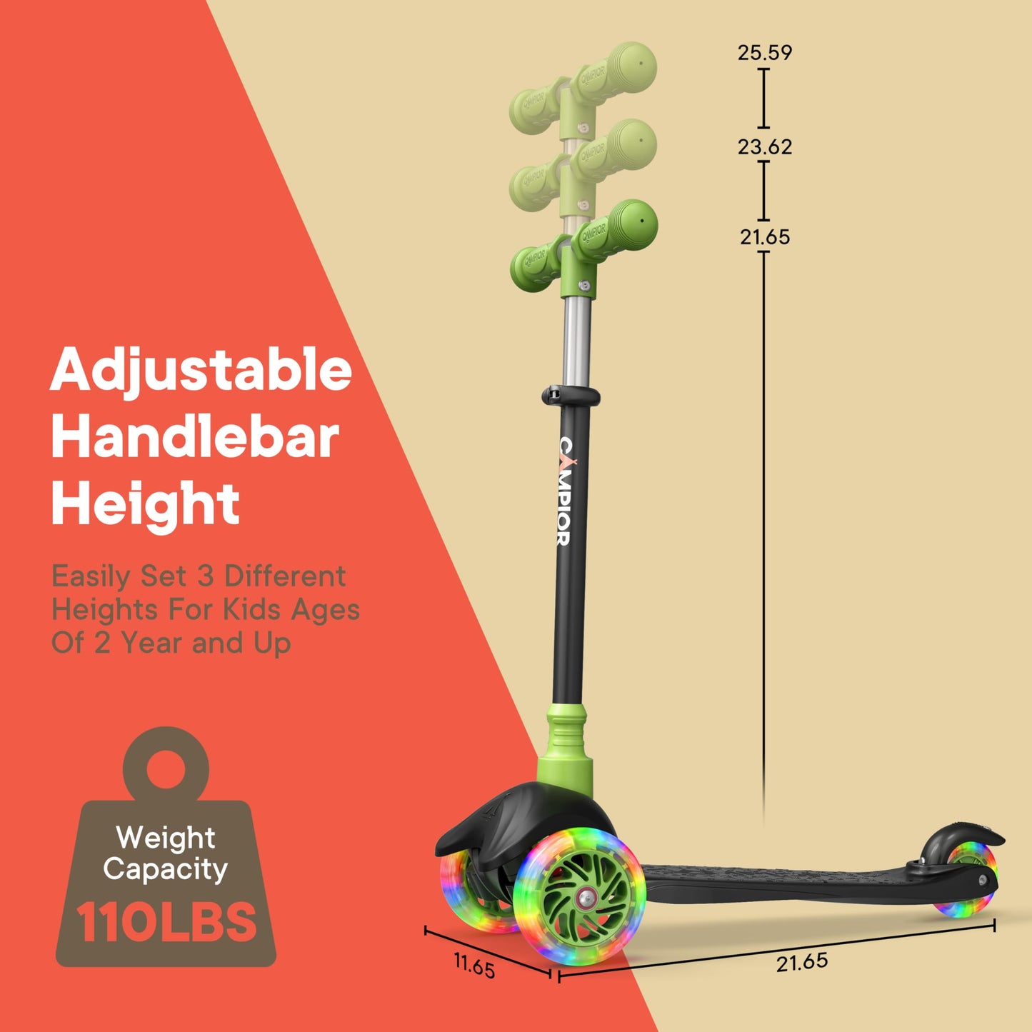 Black & Green Mini 3 Wheel Scooter for Kids – Lean-to-Steer with LED Light-Up Wheels, Adjustable Handlebar, Wide Anti-Slip Deck, Smooth PU Wheels, Rear Foot Brake – Toddler Scooter for Ages 2+