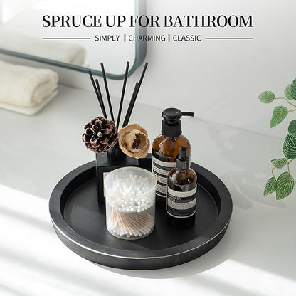 Hanobe Black Round Decorative Coffee Tray Wooden Trays for Coffee Table Centerpieces Dining Room Circle Wood Ottoman Serving Tray for Bathroom Kitchen Counter Candle Holder