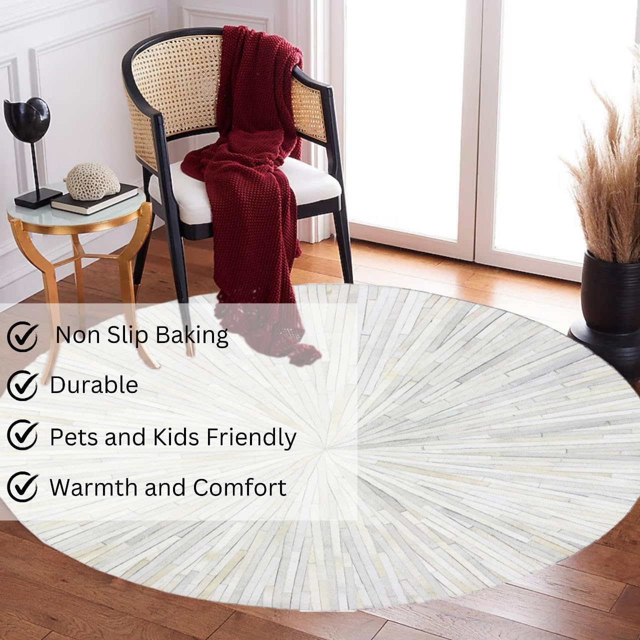 VELMONT STUDIO Round Leather Area Rug – Handmade Genuine Leather 10 x10 ft Carpet for Living Room, Bedroom & Office – Premium Decorative Floor Rug, Durable & Stylish Home Décor White Rug