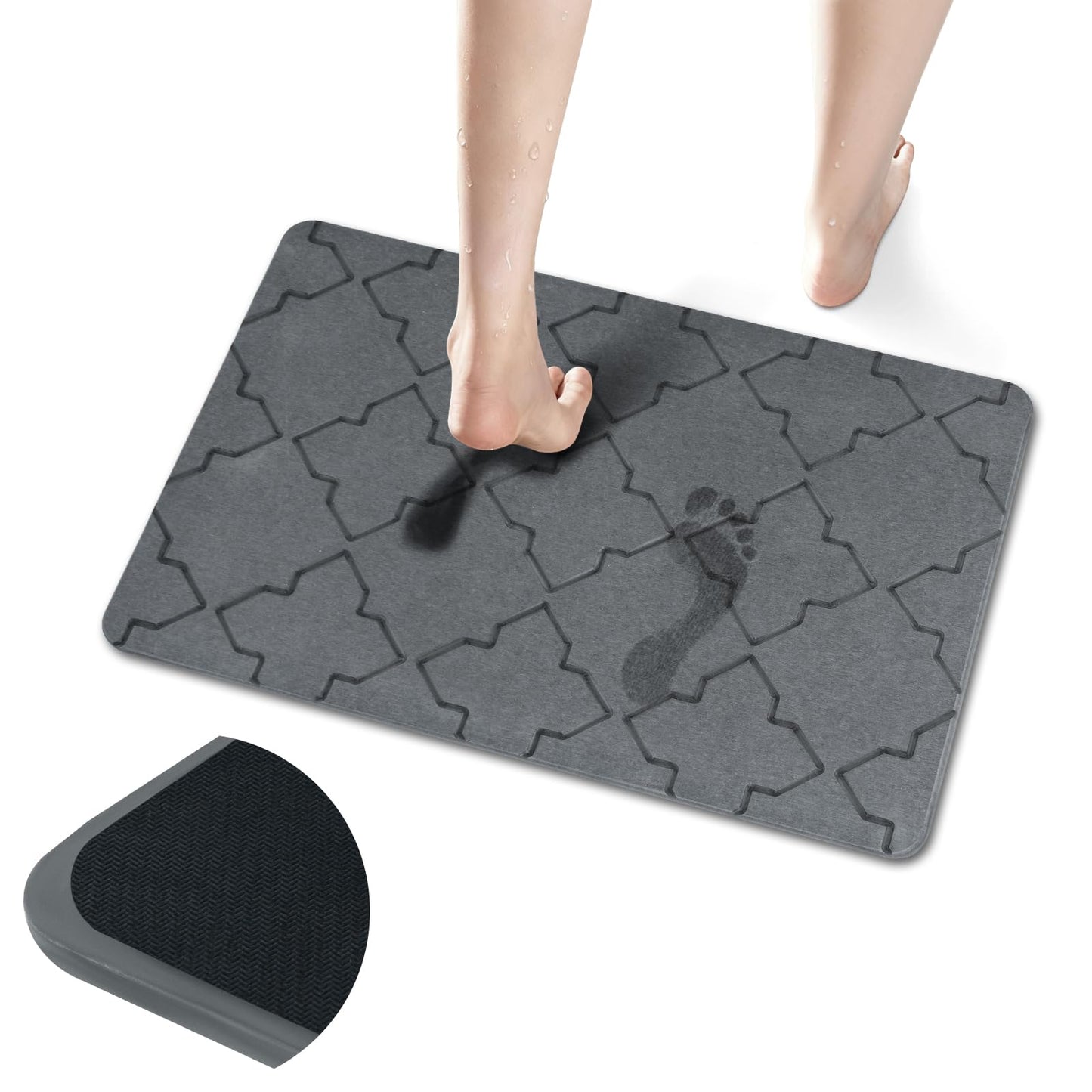 Large Stone Bath Mat for Bathroom Floor, Quick Dry Diatomaceous Earth Bath Mat with Non-Slip Back, Super Absorbent Diatomite Stone Mat for Shower, Easy to Clean, Natural(23.6" x 15.7" Dark Grey)