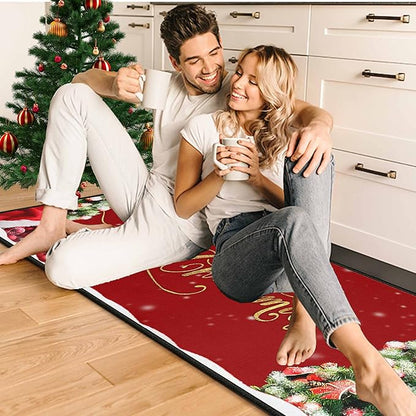Christmas Kitchen Rugs 2 PCS, Merry Christmas Kitchen Rug, Non Skid Washable Padded Soft Comfort Kitchen Rugs Set (17"x47"+17"x30",Merry Christmas)