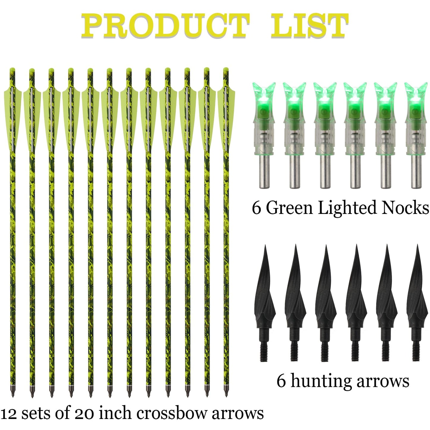 20 inch crossbow bolt Carbon Crossbow Arrow 12 Pcs With 6 Green Lighted Nock and 6 Willow Leaf Arrow Points, Hunting and Outdoor Practice lighted nocks for arrows nockturnal lighted nocks-Camouflage