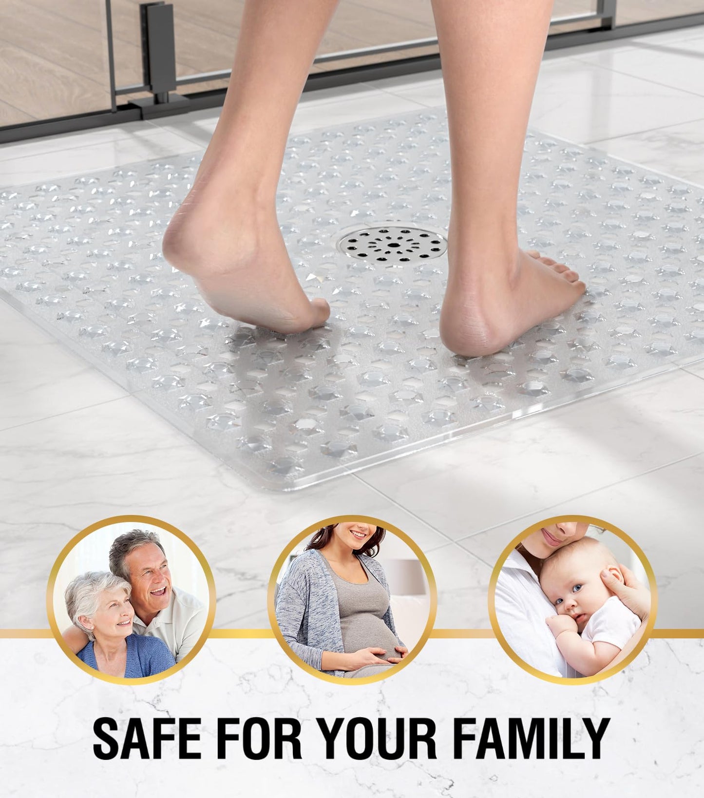 HITSLAM Non Slip Shower Stall Mat with Center Drain Hole, Diamond Textured PVC Bath Mat for Inside Shower, Machine Washable, Strong Suction Cups for Bathroom Bathtub Mat, 24x24 Inch, Clear