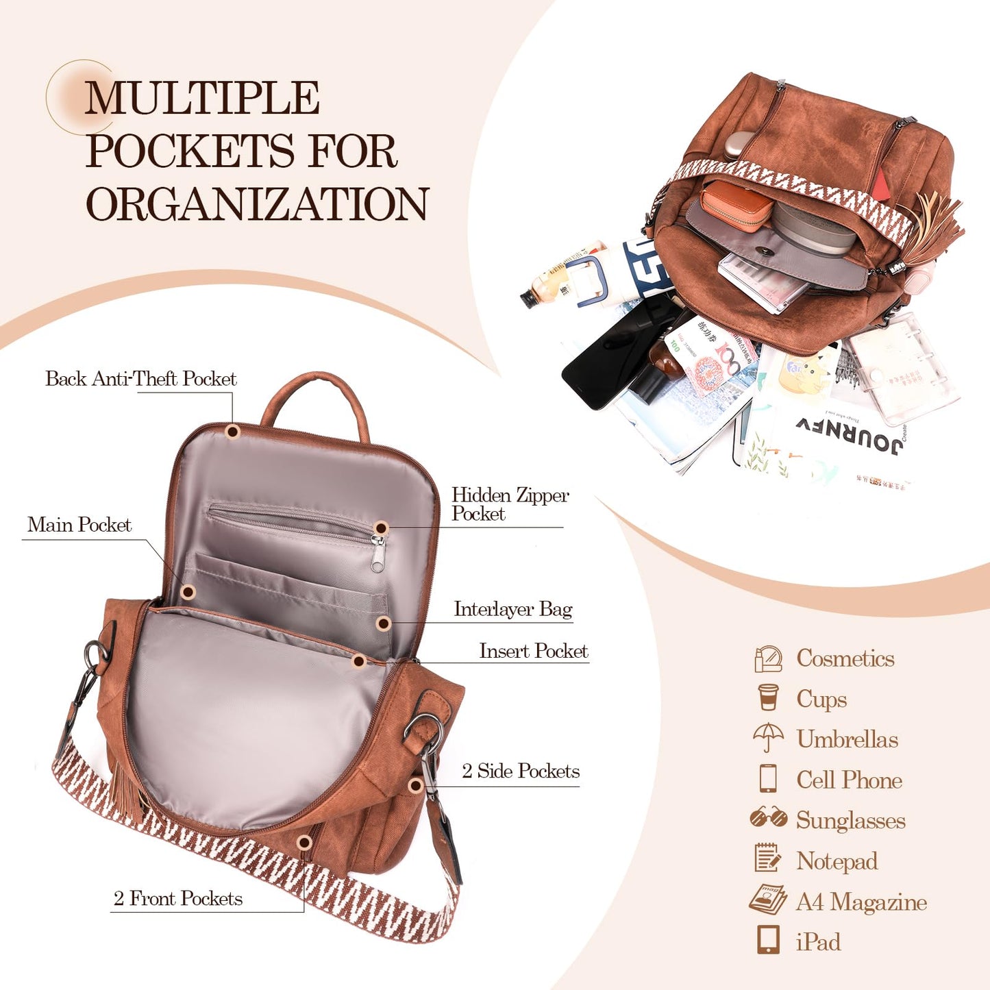 ROOSALANCE Backpack Purse for Women Pu Leather Backpack Fashion Ladies Shoulder Bag Handbags for Travel Daily Use, Brown
