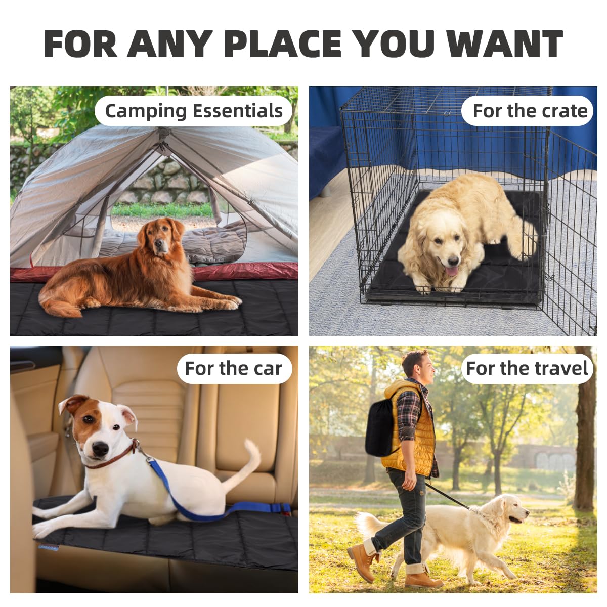 BDEUS X-Large Travel Dog Bed, Outdooor Camping Pet Mat, Portable Place Mat with Handle, Easy to Clean, Waterproof & Portable and Odor Resistant Pet Cooling Pad (X-Large 51" x 35", Black)
