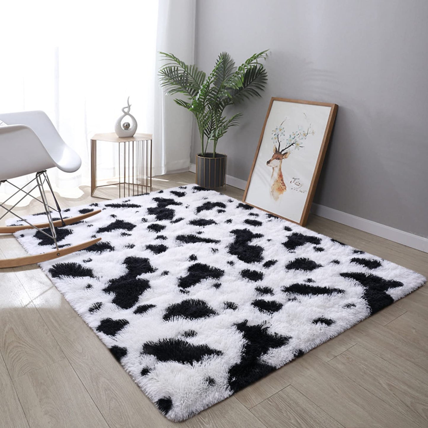DweIke Fluffy Black White Rugs for Bedroom Living Room, 5x8 Feet Soft Plush Shaggy Cow Hide Print Girls Boys Kids Rug, Non-Slip and Machine Washable Carpet for Dorm Nursery Classroom Decor