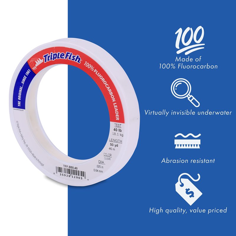 Triple Fish 15 lb Test Fluorocarbon Leader Fishing Line, Clear, 0.35 mm/100 yd
