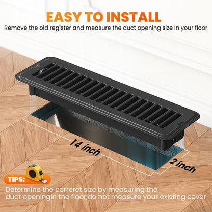 2x14 Floor Register, Matte Black Vent Cover 4 Pack, Heavy Duty Steel Walkable Floor Vents, Floor Register Vents with Easy Adjust Air Supply Lever, Rust Proof Finish Registers Grilles
