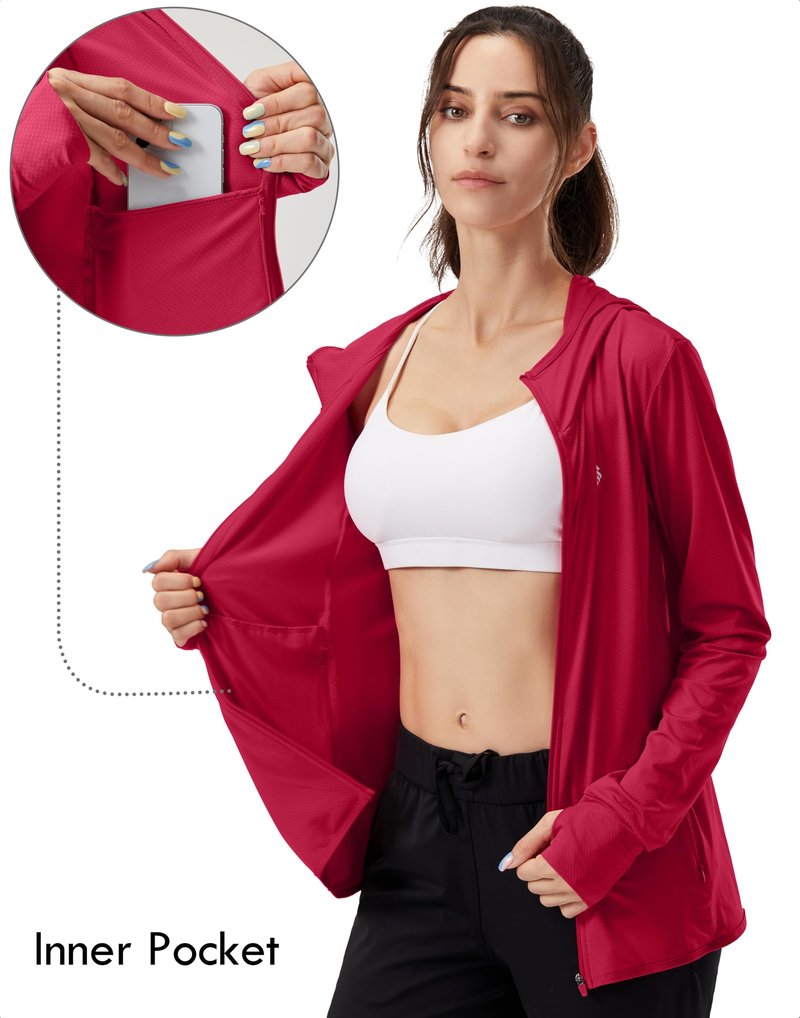 Soothfeel Women's UPF 50+ Sun Protection Hoodie Jacket Lightweight Long Sleeve Sun Shirt for Women with Pocket Hiking Outdoor(Red, M)