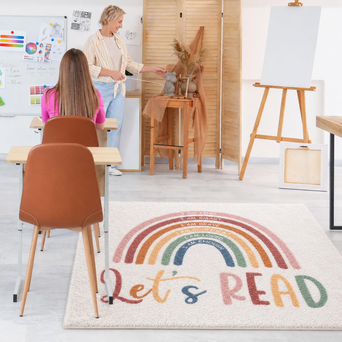 3.3x4 ft Boho Rainbow Classroom Rug Let's Read Motivational Area Rug Back to School Floor Mat Reading Corner Decor Non-Slip Play Carpet for Calming Corner Library Nursery Playroom Bedroom Living Room