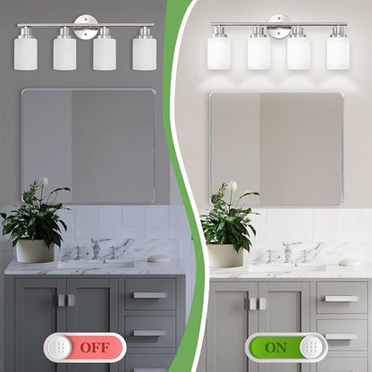 4-Light Brushed Nickel Vanity Lights for Mirror, Bathroom Light Fixtures with Textured Milky White Glass Shade, Modern Kitchen Light Fixtures Wall Sconce Light - E26 Base
