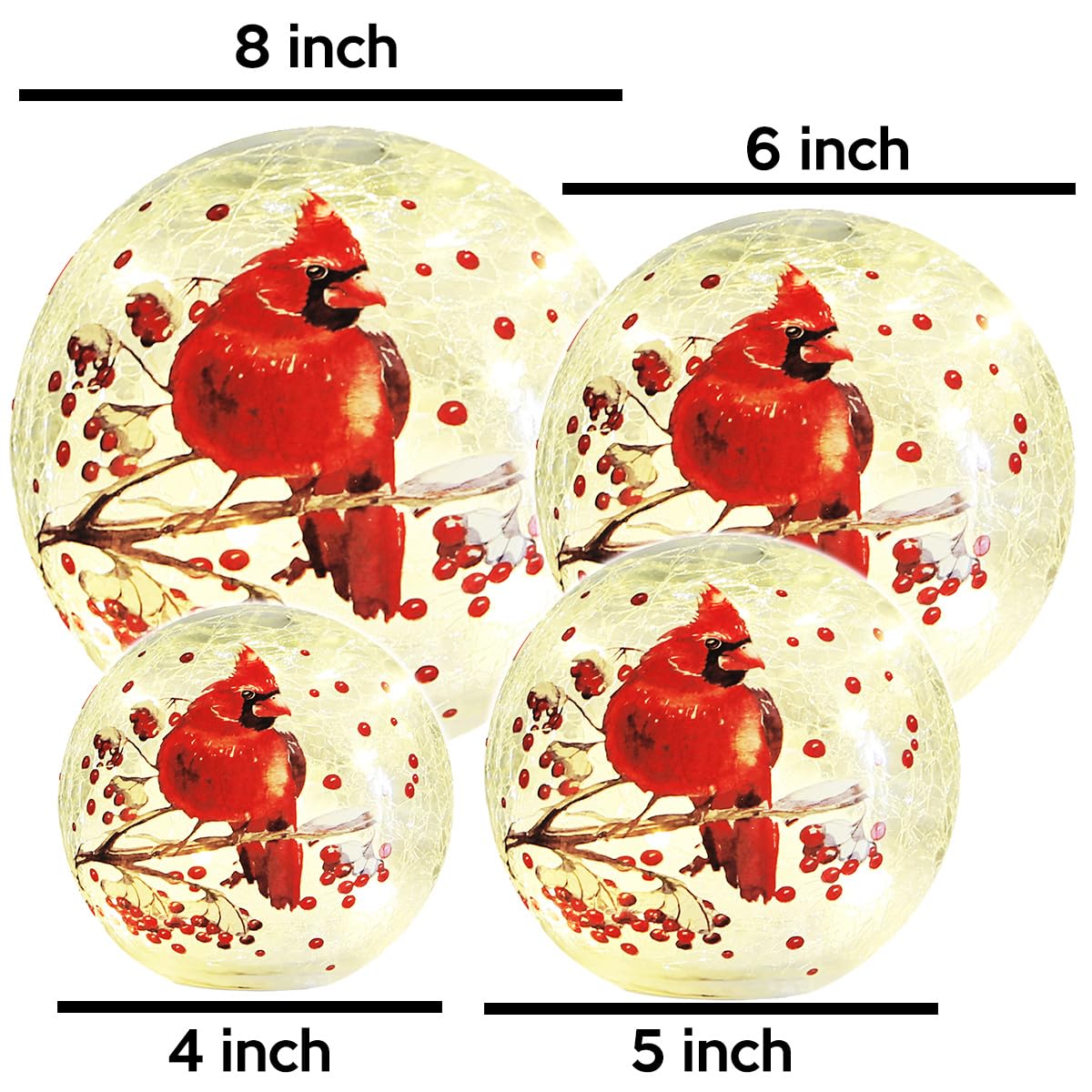 Crackle Glass Ball Cardinal Light Up Red Bird Stained Glass Christmas Decor Accent Lamp, Lighted Globe Table Orb Night Light, Mother's Day Gifts, LED Sphere Desk
