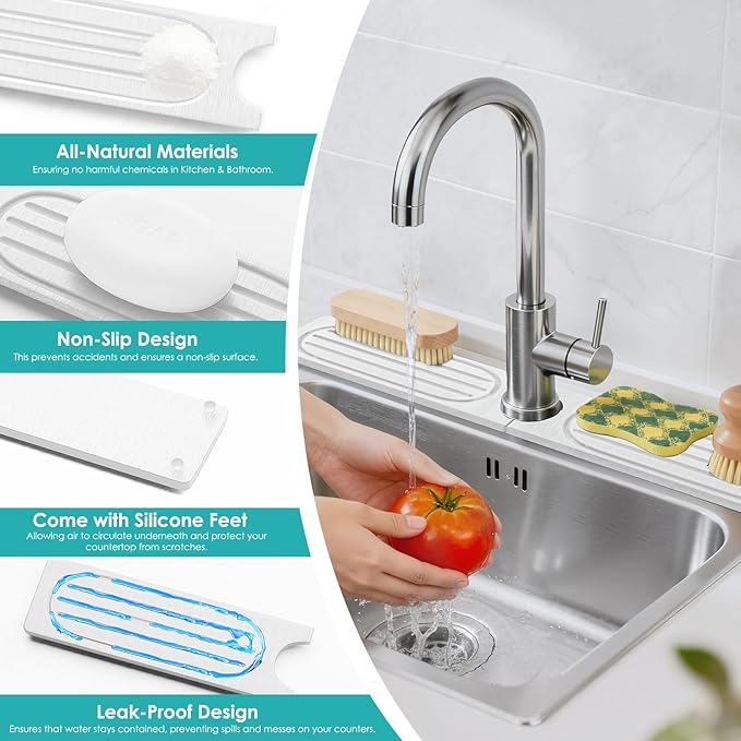 4Pcs Stone Faucet Mat for Kitchen Sink, Diatomite Quick Dry Water Absorbing