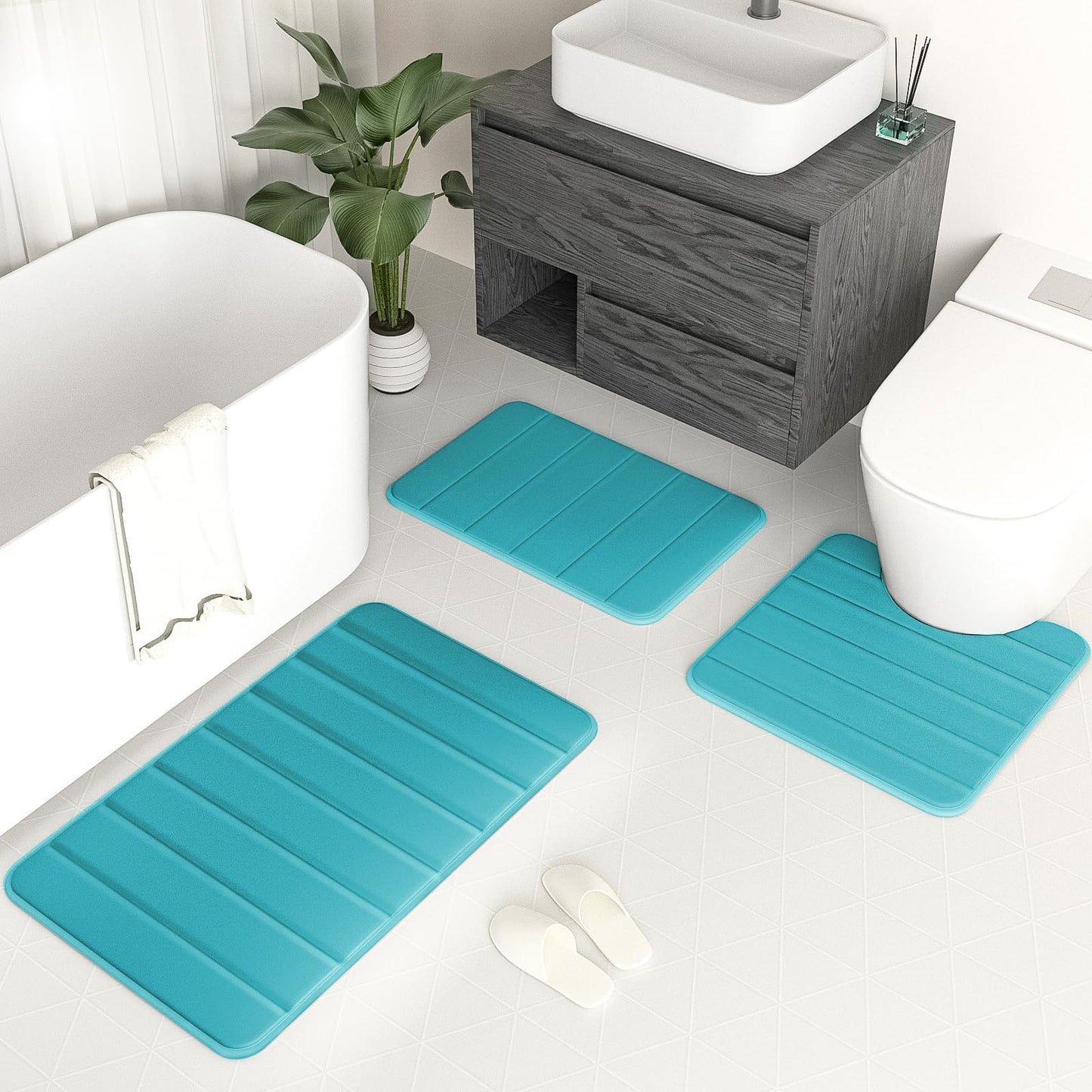 DTXDTech Memory Foam Bath Rugs 3 Piece Thick Soft Bath Mats for Bathroom Water Absorbent Bath Shower Rugs with Non-Slip PVC Bottom,Lake Blue