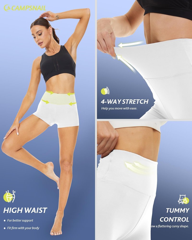 CAMPSNAIL Workout Biker Shorts Women - 3"/5"/8" High Waisted Tummy Control Spandex Booty Volleyball Shorts for Yoga Dance White