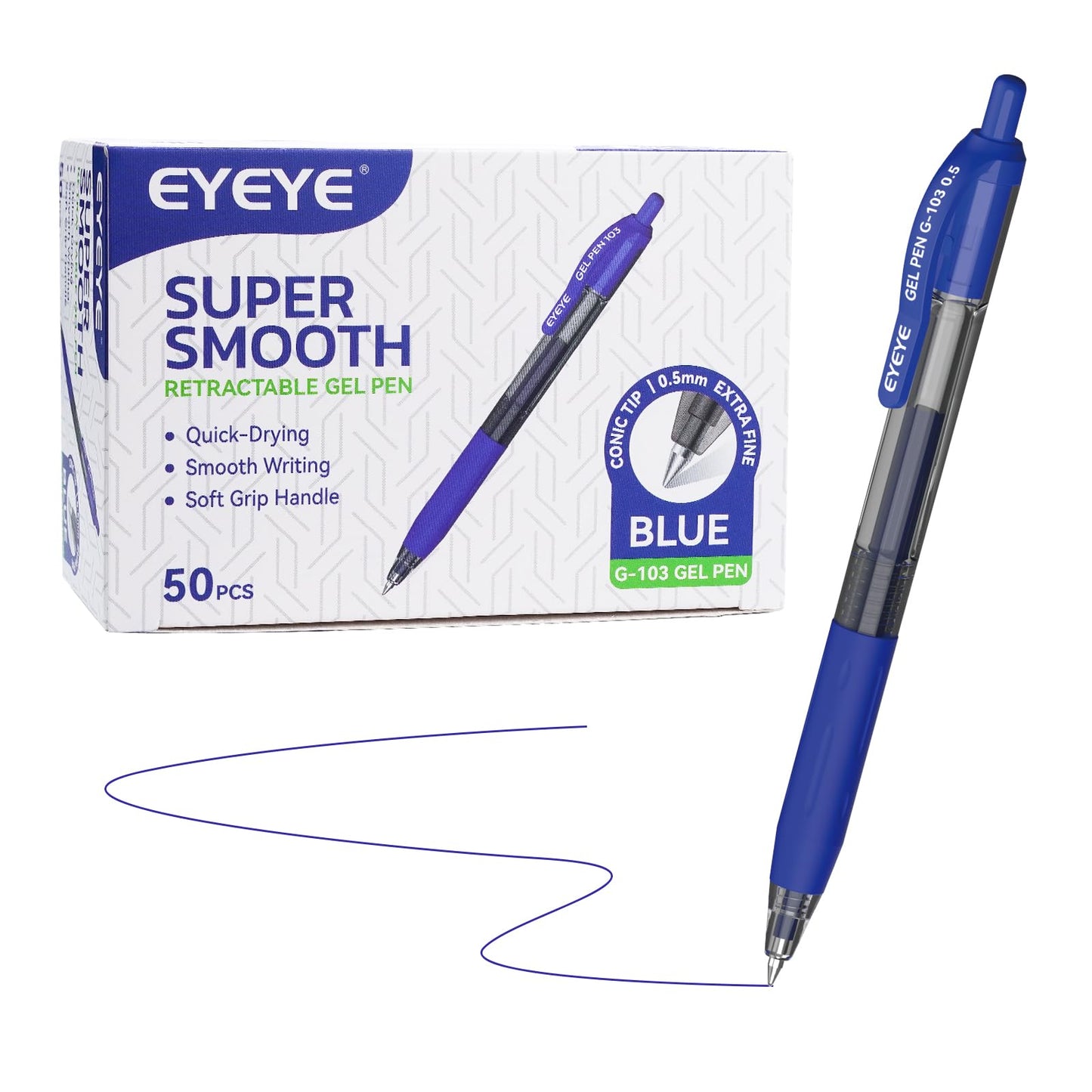EYEYE G-103 Retractable Gel Pen 0.5mm, 50 Pack Extra Fine Point Blue Ink Pens Quick Drying, Ballpoint Pen Fine Point Smooth Writing Pens for for Office School Supplies