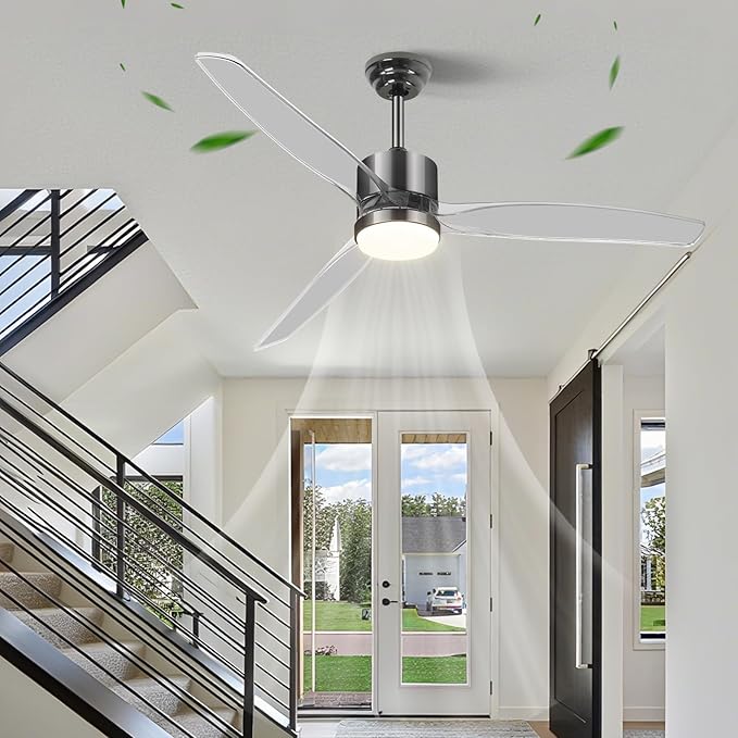 OKELI Clear Ceiling Fan with Light, 52 Inch Black Transparent Ceiling Fans with Light and Remote 3 Reversible Blade LED Ceiling Fan and Light Combo for Living Room, Bedroom, Patio