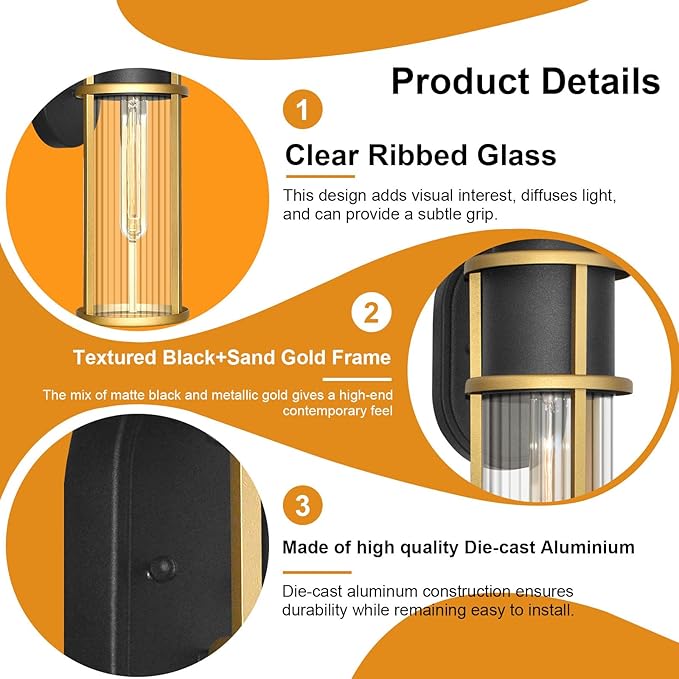 ALVIME 2 Pack Outdoor Wall Lights, Waterproof Exterior Lighting Fixtures, Sand Gold Anti-Rust Exterior Sconce Light for Front Door, Porch, Patio, Garage, Indoor, Bed Room, Clear Ribbed Glass, E26 Base