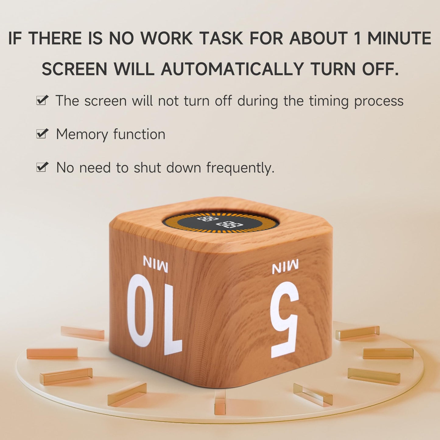 Exlliy Rotating Productivity Timer 5, 25, 10, 50 Minutes Preset, Desk Cube w/Gravity Sensor for ADHD, Mute Functions, Ideal for Work, Study, Kitchen, Back to School (1, Wood Grain Finish)