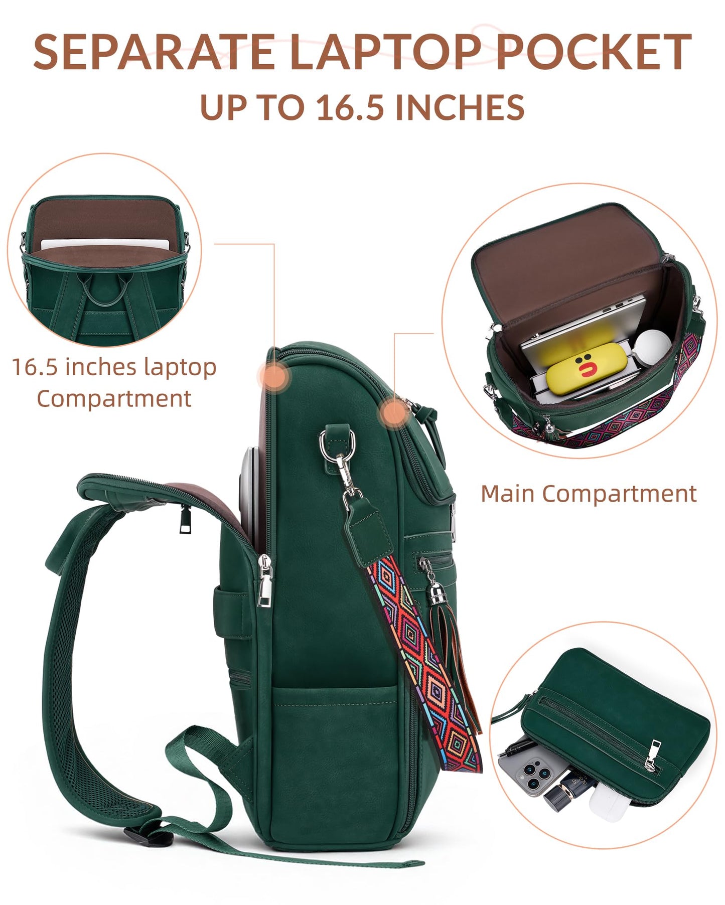 SYTRAH Leather Laptop Backpack for Women Designer Laptop Bag, 16.5 inch Travel Computer Backpacks Purse with Tassel for Work Business with Satchel Purse Green