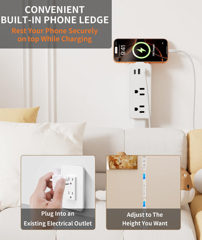 Electrical Outlet Extender Stick Features 2 USB-A, USB-C and 2 AC Outlets, Extendable 6", 15.3", 24.5", 34", for Hard to Reach Spaces Use Behind Couches, Nightstands, E-Sports Desks, and More