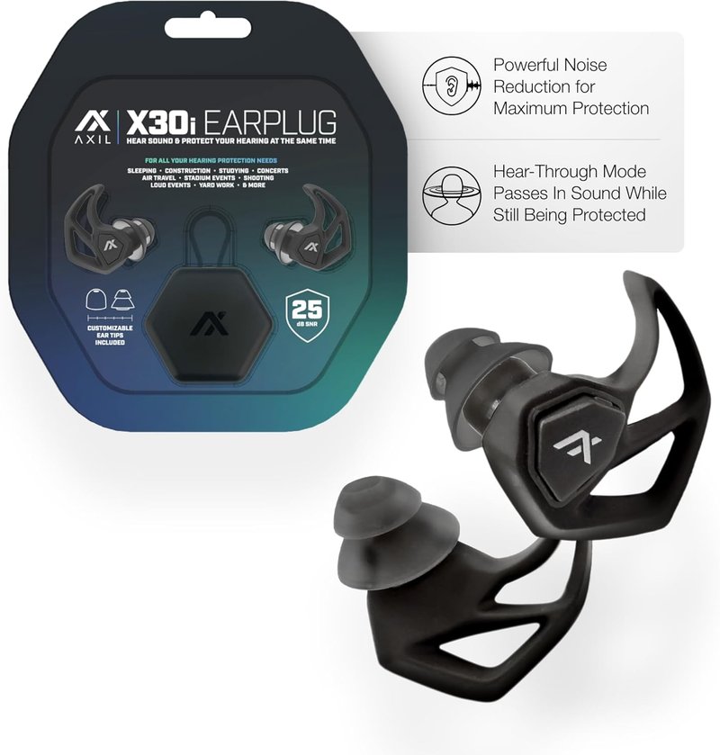 AXIL X30i Noise Reduction Ear Plugs - Hear-Through Mode Hearing Protection for Concerts & Sports - 25dB Reusable Foam & Silicone Eartips | Black