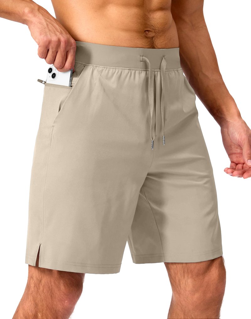 Soothfeel Men's Running Shorts with Zipper Pockets 9 Inch Lightweight Quick Dry Gym Sports Athletic Workout Basketball Shorts for Men (Khaki, L)