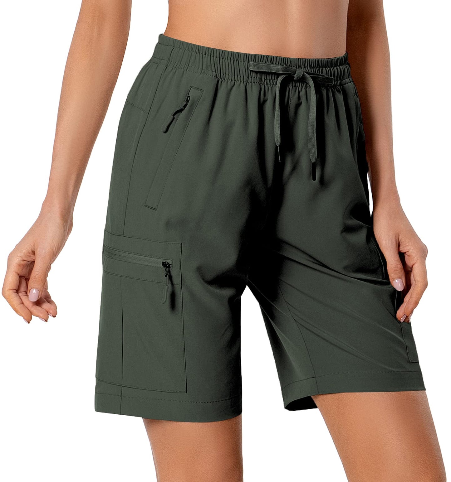 Hugut Women's Lightweight Hiking Cargo Shorts Quick Dry Athletic Shorts Camping Travel Golf Zipper Pockets Water Resistant Army Green