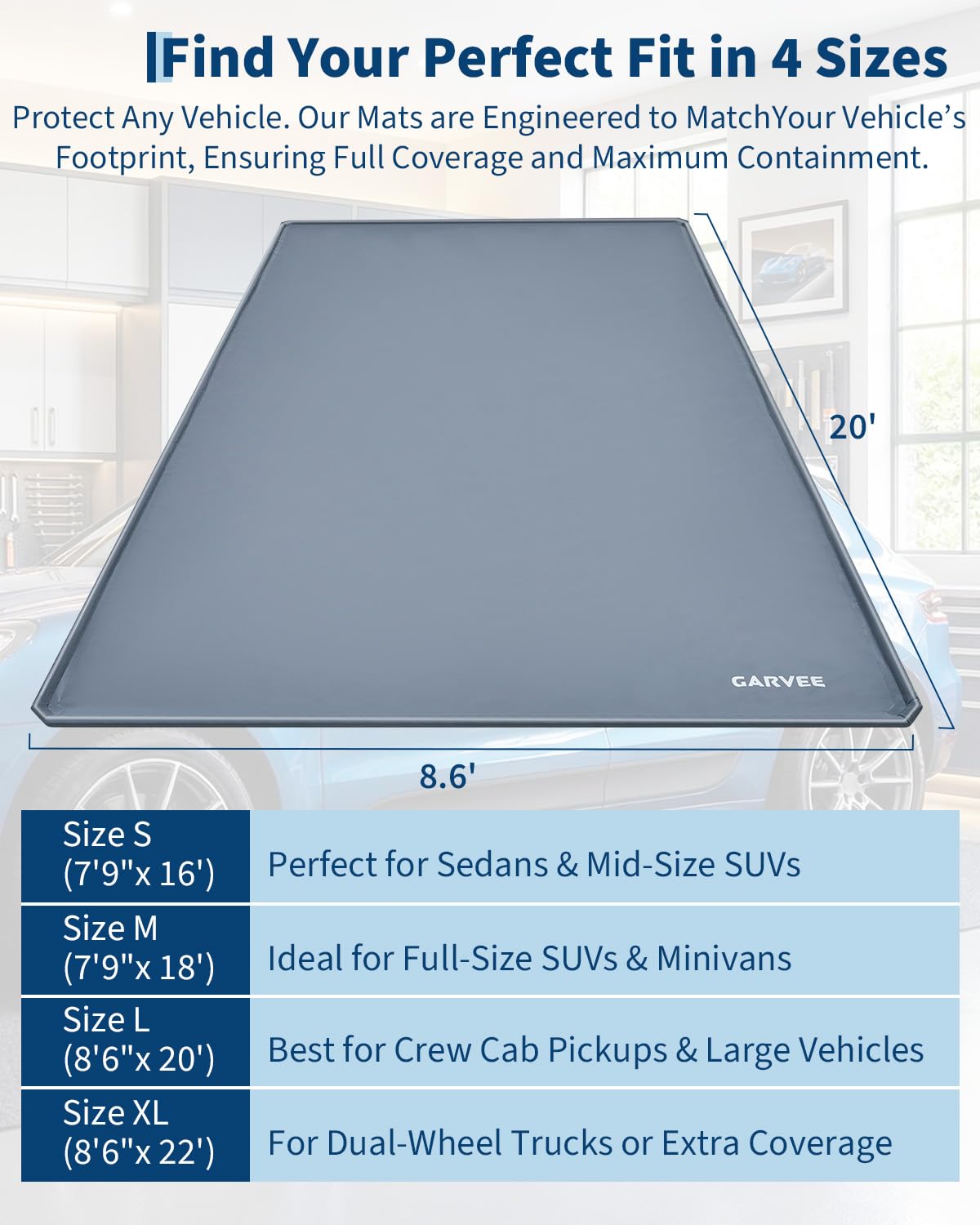 Garage Mat with Raised Edge, 1000D PVC Non-Slip Floor Protector for Cars Trucks SUVs, Snow Melt Containment Tray for Winter, Comes with Squeegee & 8 Attachment Straps, 4 Size Options (7.9x16 to 8.6x22