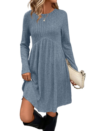 OFEEFAN Long Sleeve Dress for Women Crew Neck Empire Waist Tunic Dress with Pockets