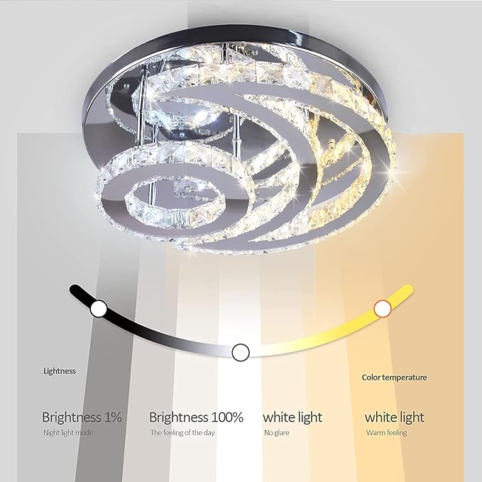 CXGLEAMING 15.7" Modern Crystal Chandelier Dimmable Ceiling Light Fixture Moon Shape LED Flush Mount Chandeliers for Bedroom Living Room Dining Room (Remote Control)
