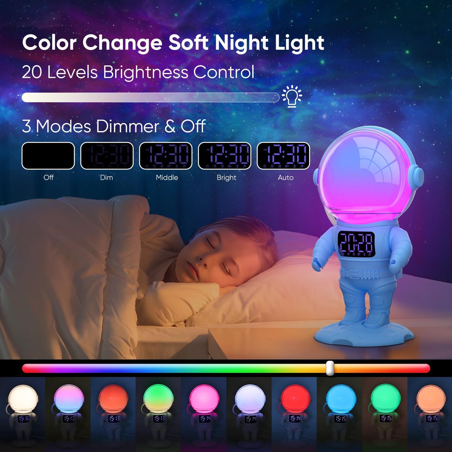 AFEXOA Astronaut Sunrise Alarm Clock for Kids, White Noise Sound Machine with 30 Soothing Sounds, 22 Dimmable Nightlights, Bluetooth Speaker, Dual Alarms, Wake Up Light for Bedroom(Blue)