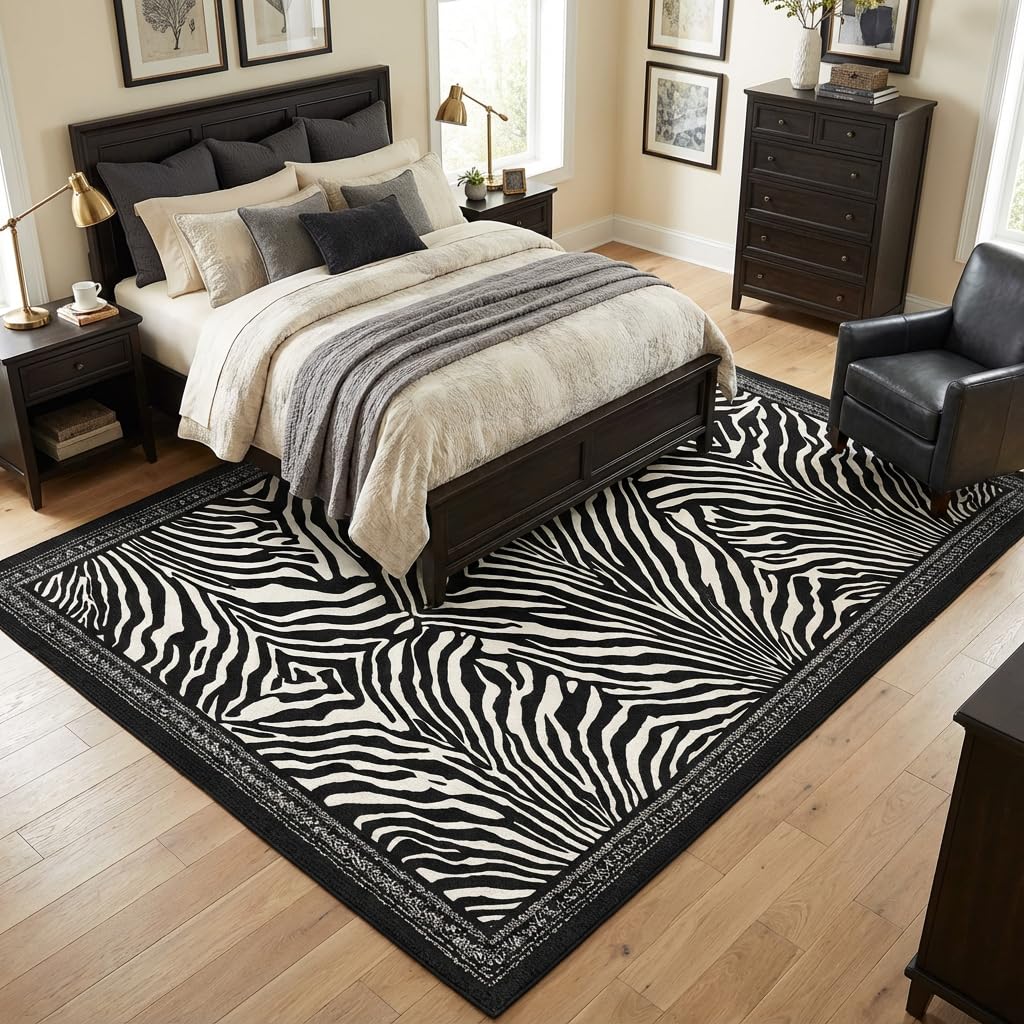 BreezeRise 5x7 Area Rug for Living Room,Modern Abstract Black and White Zebra Print Rug,Non-Slip Washable,Bedroom, Dining Room, Home Office
