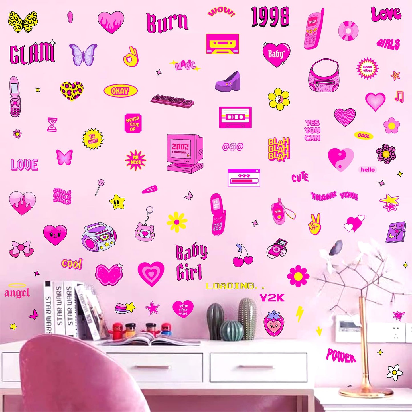 Cute Pink Wall Stickers Princess Girly Wall Decals Aesthetic Trendy Sticker for Girls Room Decor Pink Preppy Stickers for Laptop Water Bottles Decoration Bedroom Playroom Decor