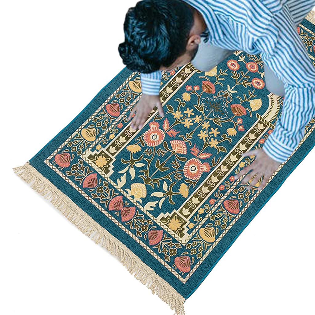 Muslim Prayer Mat Thick Islamic Turkish Chenille Praying Rug Portable Kneeling Rug, Vintage Floral Leaves Pattern Woven Jacquard Tassel Blanket