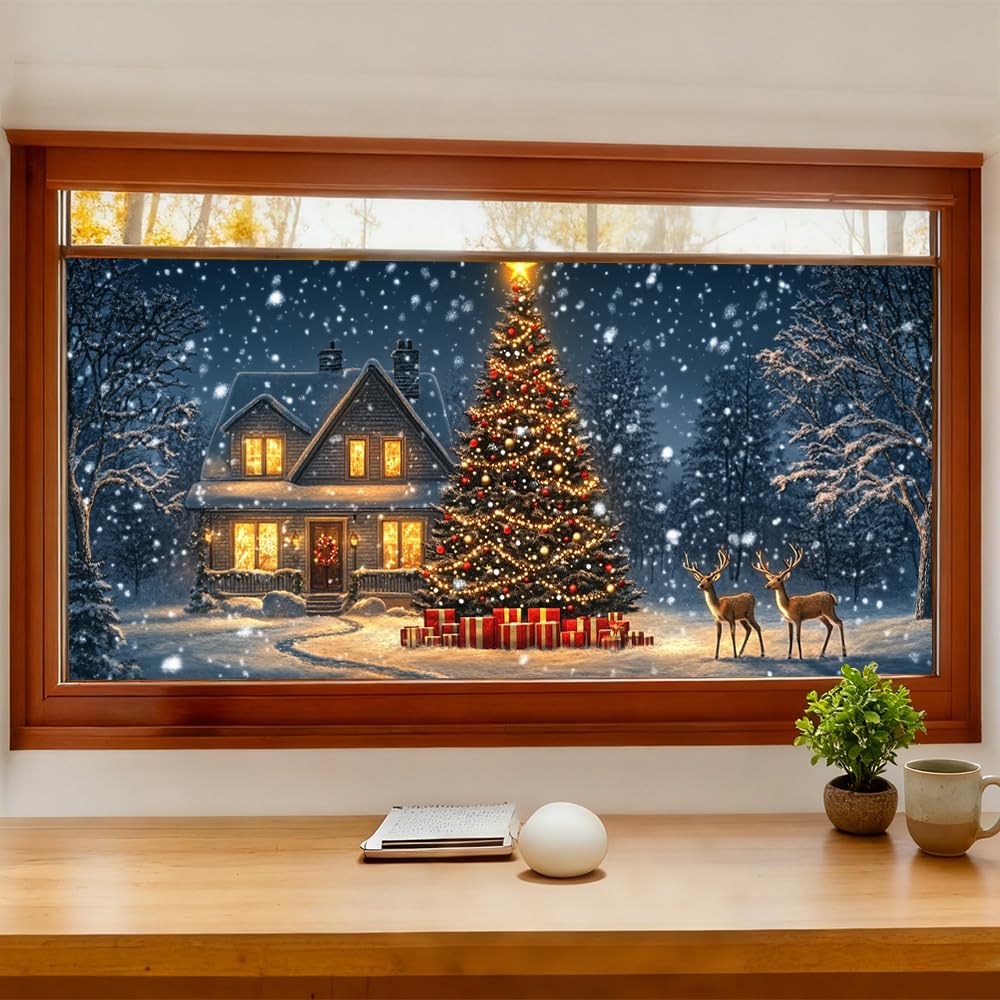 WDESYADMS Window Film 39X17 Inch PVC Winter Christmas Tree House Scene Decorative Window Film for Seasonal Privacy and Holiday Glass Decoration