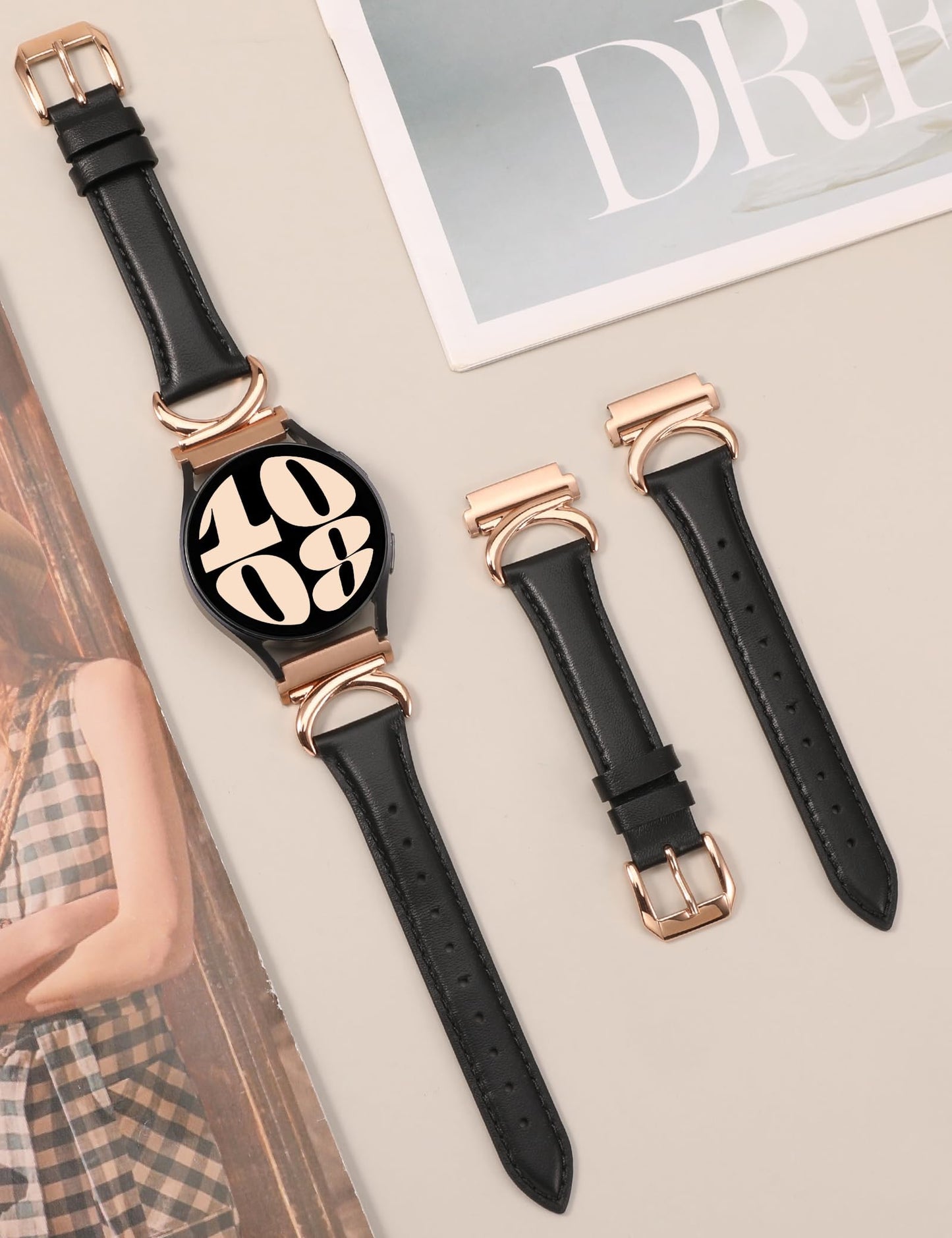 Minyee Leather Bands Compatible with Samsung Galaxy Watch 7/6/5/4/FE/Active 2 40mm 44mm/Watch 6 Classic 43mm 47mm/Watch 5 Pro 45mm Band, 20mm Slim Dressy Leather Strap with C-Shape Metal Buckle Women