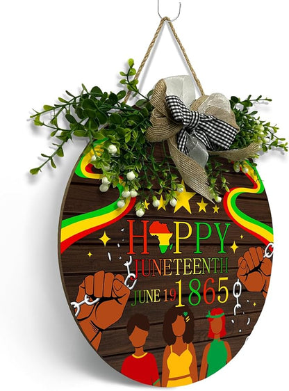 Happy Juneteeth Door Sign June 19th 1865 African Afro American Emancipation Round Wooden Sign with Bow Wreath Independence Day Freedom Day Door Hanging signs for Front Door Festival Decor
