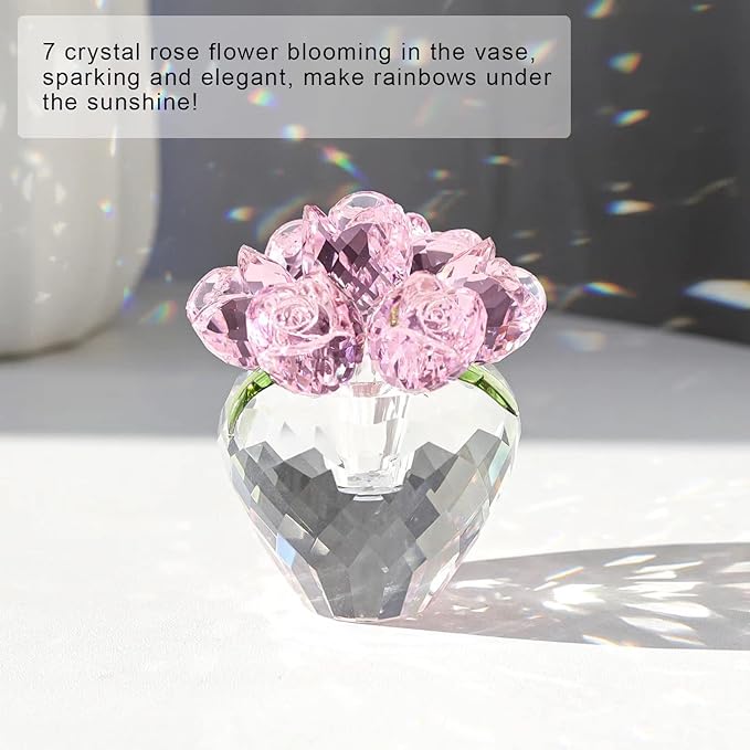 LONGWIN Crystal Rose Flower Figurines Collectible Glass Spring Bouquet with Vase Home Decor Romantic Gifts for Women Pink