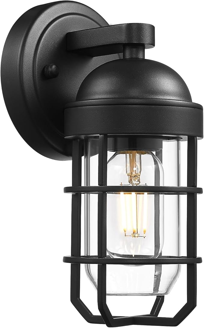 Emliviar Modern Outdoor Wall Light for House Porches, Solid Classic Metal Cage, Retro Charm Exterior Wall Light, Clear Tempered Glass, Black Finish, GE255B BK