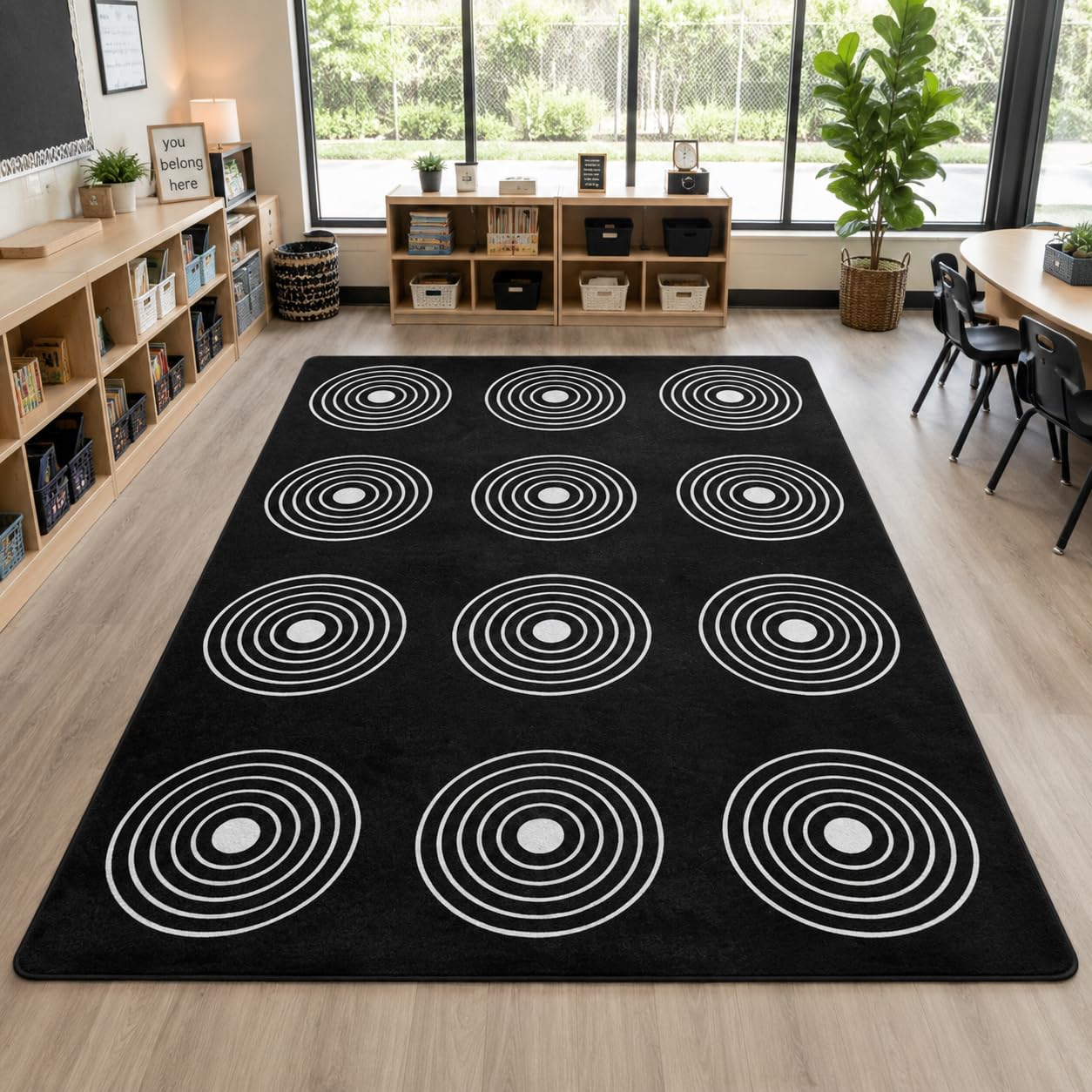 Kids Rug, Classroom Carpets Playmat Rugs - 5x7 Ft Kids Carpet with Rubber Backing, Circle Bullseye Abstract Children's Seating Rug Play Mat Nursery Rugs for Children Bedroom Playroom Elementary, Black