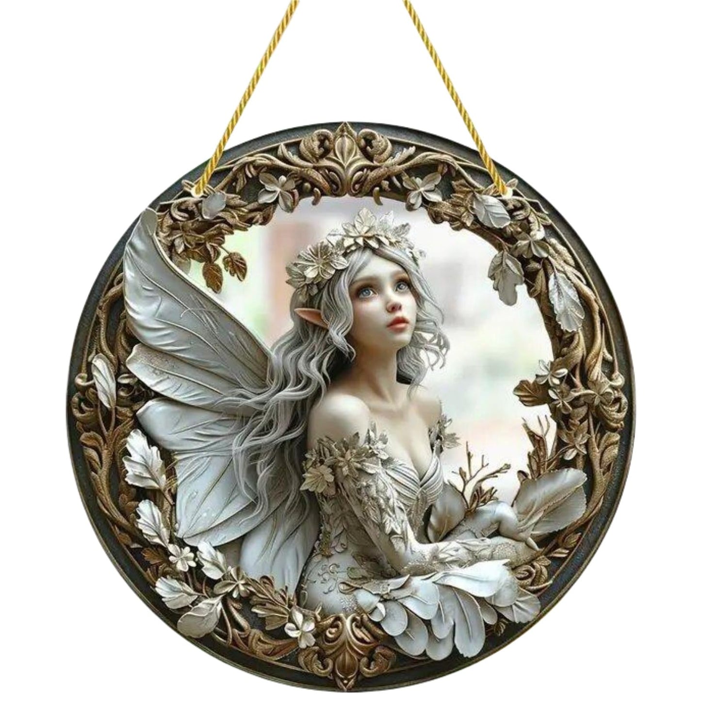 VTYFRY Flower Fairy Garden Decorations Angel Wing Christmas Halloween Deco Statue Art Elf Sculpture Hanging Craft for Outdoor Yard Courtyard Lawn Patio Window Acrylic Ornament Home Gift (D,S: 6*6 IN)