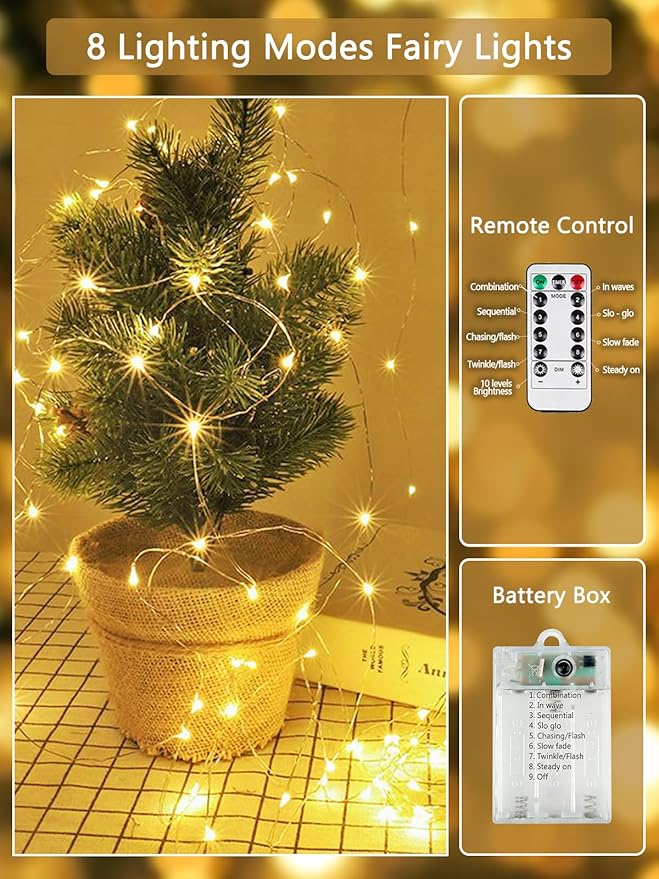 4 Pack Fairy Lights Battery Operated with Remote Control Timer, LED String Lights Outdoor Indoor Decorations, 8 Modes Twinkle Lights for Christmas Party Wedding Birthday Bedroom Décor (Warm White)
