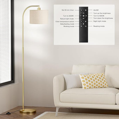 Arc Floor Lamp with Remote and Stepless Dimmable Bulb, Colors Temperature & Brightness Adjustable, Gold Floor Lamps for Living Room（Deep Beige Shade & Gold Pole）