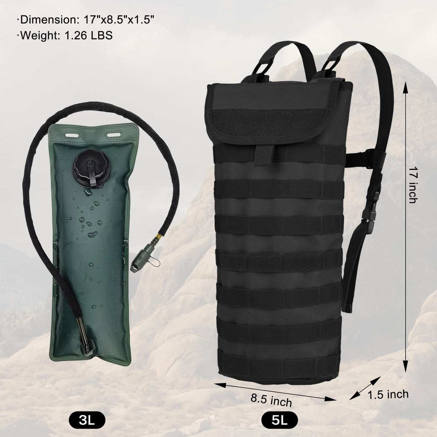 Hannibal Tactical 5L Hydration Pack, Water Backpack with 3L Water Bladder, MOLLE System for Outdoor Hiking, Biking, Running, Grey