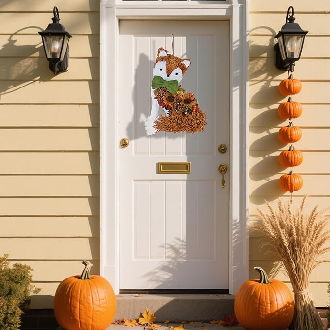 Glintoper Fall Wreath for Front Door, 14" Thanksgiving Straw Fox Figurine with Woodchip Pinecone, Hanging Harvest Autumn Gifts, Tabletop Centerpieces, Woodland Animal Home Kitchen Office Decor